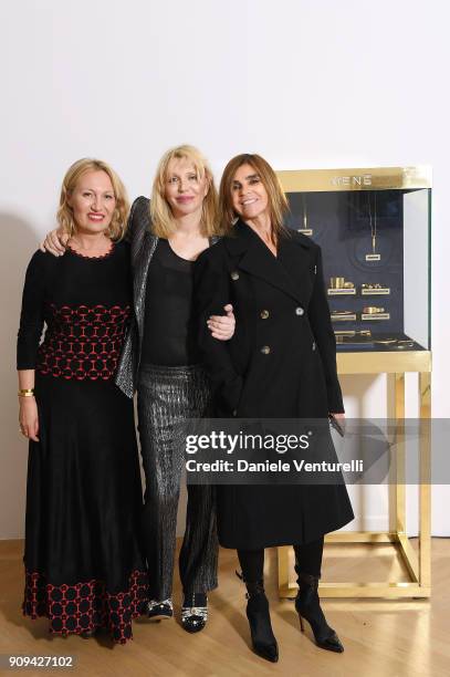 Diana Widmaier Picasso, Courtney Love and Carine Roitfeld attend Mene 24 Karat Jewelry Presentation at Gagosian Gallery on January 23, 2018 in Paris,...