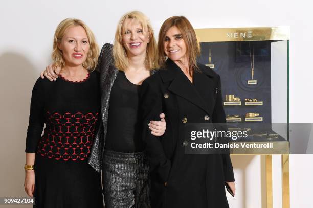 Diana Widmaier Picasso, Courtney Love and Carine Roitfeld attend Mene 24 Karat Jewelry Presentation at Gagosian Gallery on January 23, 2018 in Paris,...