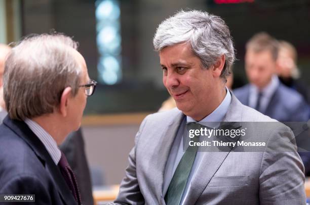 Italian Minister Economy & Finance Pier Carlo Padoan is talking with the Portuguese Finance Minister, President of the € group Mario Centeno prior an...