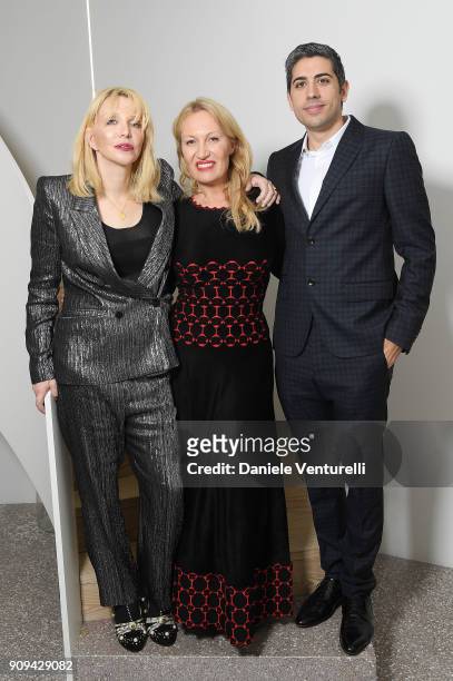 Courtney Love, Diana Widmaier-Picasso and Roy Sebag attend Mene 24 Karat Jewelry Presentation at Gagosian Gallery on January 23, 2018 in Paris,...