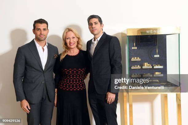 Tommy Chiabra, Diana Widmaier-Picasso and Roy Sebag attend Mene 24 Karat Jewelry Presentation at Gagosian Gallery on January 23, 2018 in Paris,...