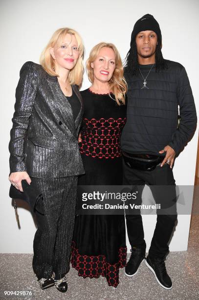 Courtney Love, Diana Widmaier-Picasso and Laurent Borgeois attend Mene 24 Karat Jewelry Presentation at Gagosian Gallery on January 23, 2018 in...