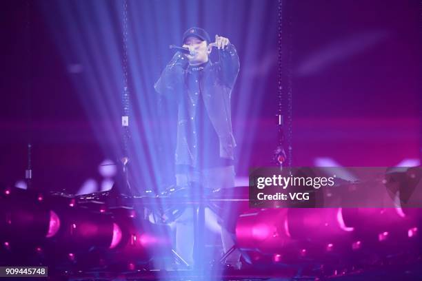 Chinese rapper PG One performs on the stage during Jiangsu Television New Year Gala on January 1, 2018 in Guangzhou, China.