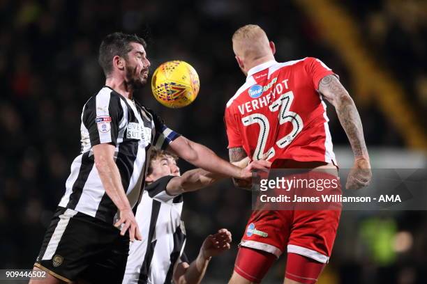 Richard Duffy of Notts County and Thomas Verheydt of Crawley Town during the Sky Bet League Two match between Notts County and Crawley Town at Meadow...