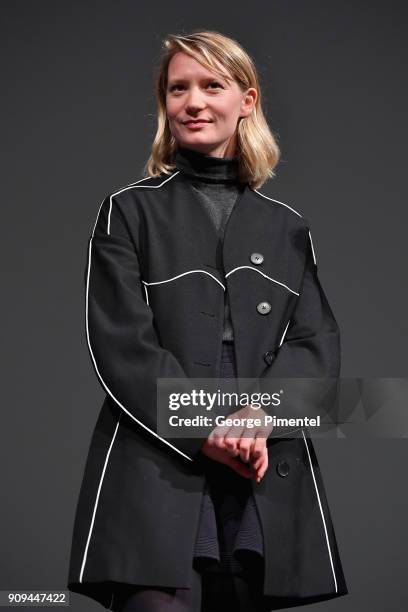 Actor Mia Wasikowska speaks onstage during the "Damsel" Premiere during the 2018 Sundance Film Festival at Eccles Center Theatre on January 23, 2018...