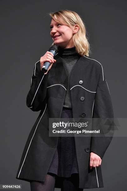 Actor Mia Wasikowska speaks onstage during the "Damsel" Premiere during the 2018 Sundance Film Festival at Eccles Center Theatre on January 23, 2018...