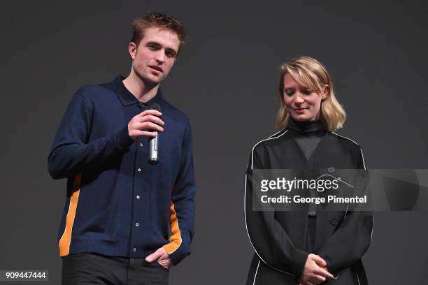Actors Robert Pattinson and Mia Wasikowska speak onstage during the "Damsel" Premiere during the 2018 Sundance Film Festival at Eccles Center Theatre...