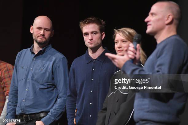 Robert Pattinson, Mia Wasikowska, and David Zellner speak onstage during the "Damsel" Premiere during the 2018 Sundance Film Festival at Eccles...