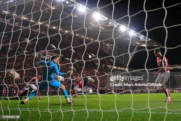 Leroy Sane of Manchester City scores their first goal during the Carabao Cup Semi-Final 2nd leg match between Bristol City and Manchester City at...