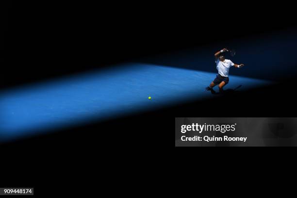 Hyeon Chung of South Korea plays a forehand in his quarter-final match against Tennys Sandgren of the United States on day 10 of the 2018 Australian...