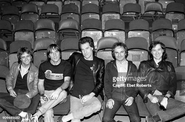 The Kinks, group portrait in the auditorium at The Spectrum in Philadelphia, PA on October 27, 1980. L-R Ian Gibbons, Mick Avory, Ray Davies, Jim...