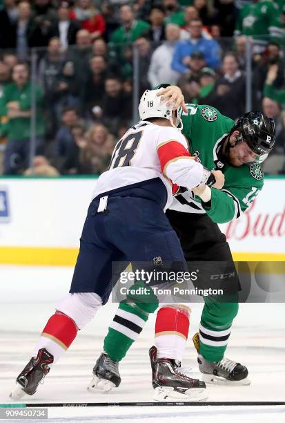 Radek Faksa of the Dallas Stars fights with Micheal Haley of the Florida Panthers in the first period at American Airlines Center on January 23, 2018...