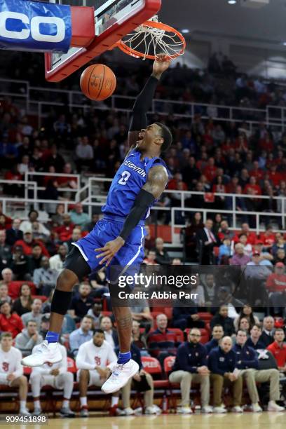 Khyri Thomas of the Creighton Bluejays dunks the ball in the first half against the St. John's Red Storm during their game at Carnesecca Arena on...