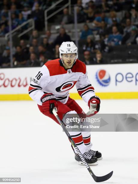 Marcus Kruger of the Carolina Hurricanes in action against the San Jose Sharks at SAP Center on December 7, 2017 in San Jose, California.