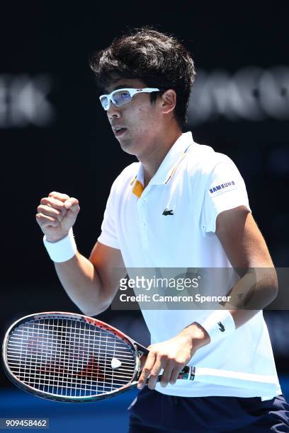 Hyeon Chung of South Korea celebrates winning a point in his quarter-final match against Tennys Sandgren of the United States on day 10 of the 2018...