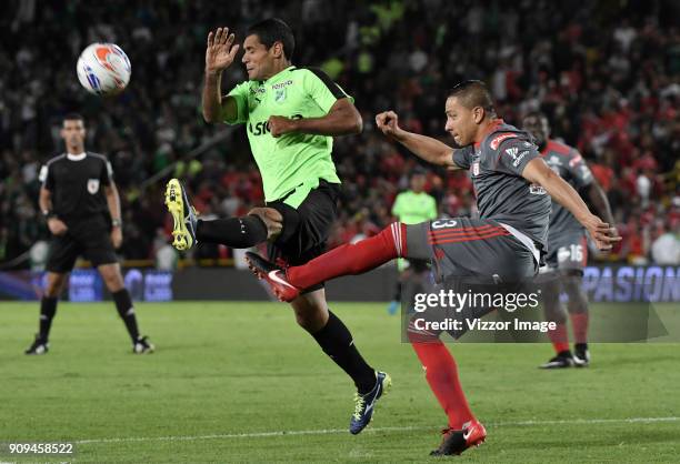 Anderson Zapata of America de Cali fights for the ball with Jose Sand of Deportivo Cali during the match between America de Cali and Deportivo Cali...