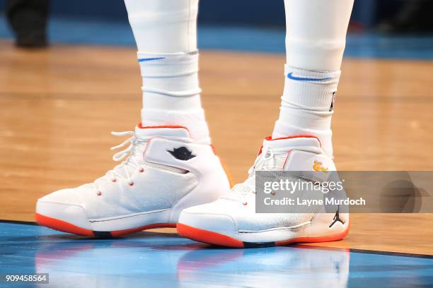 The sneakers of Carmelo Anthony of the Oklahoma City Thunder are seen during the game against the Brooklyn Nets on January 23, 2018 at Chesapeake...