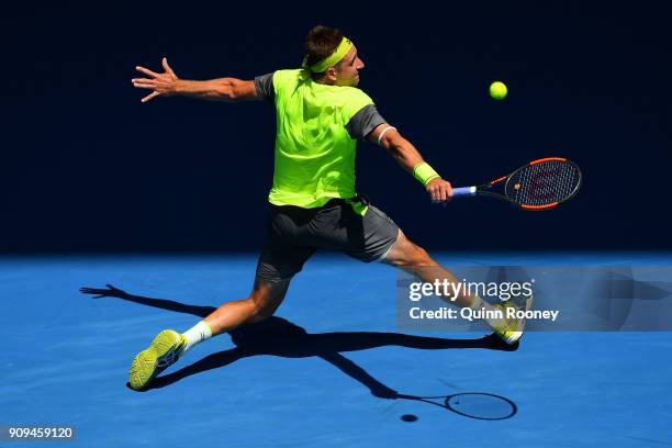 Tennys Sandgren of the United States plays a backhand in his quarter-final match against Hyeon Chung of South Korea on day 10 of the 2018 Australian...