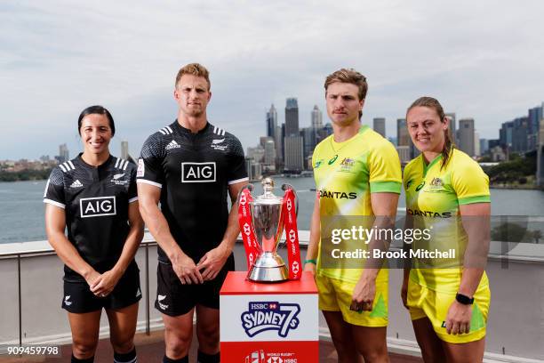 New Zealand Rugby Seven's captains Sarah Goss and Scott Curry with Australian's Lewis Holland and Sharni Williams during the 2018 Sydney Sevens...