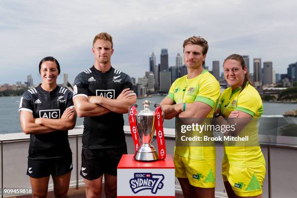 New Zealand Rugby Seven's captains Sarah Goss and Scott Curry with Australian's Lewis Holland and Sharni Williams during the 2018 Sydney Sevens...