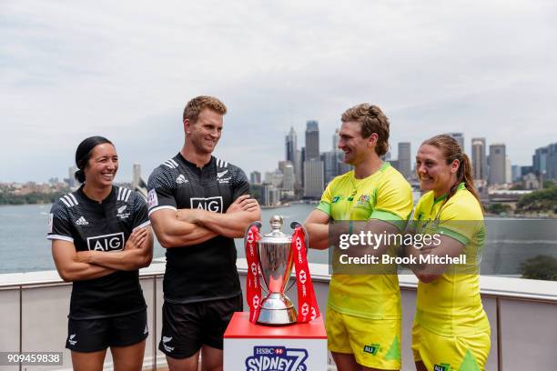 New Zealand Rugby Seven's captains Sarah Goss and Scott Curry with Australian's Lewis Holland and Sharni Williams during the 2018 Sydney Sevens...