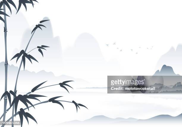 chinesische landschaft tuschemalerei mit bambus im vordergrund - zen stock-grafiken, -clipart, -cartoons und -symbole