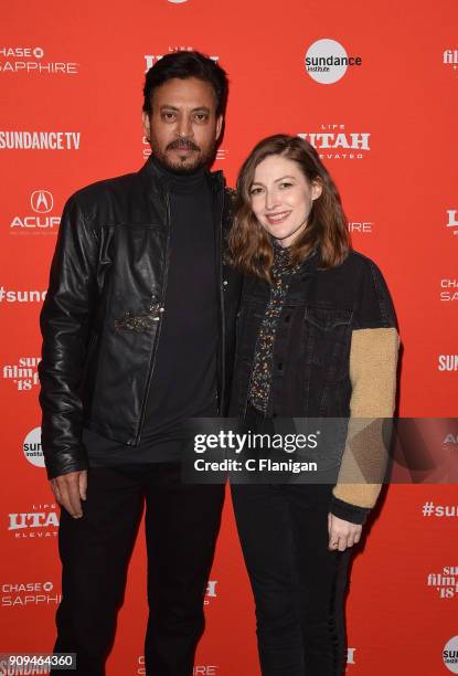 Irrfan Khan and Kelly Macdonald attend the 'Puzzle' Premiere at Eccles Center Theatre during the 2018 Sundance Film Festival on January 23, 2018 in...