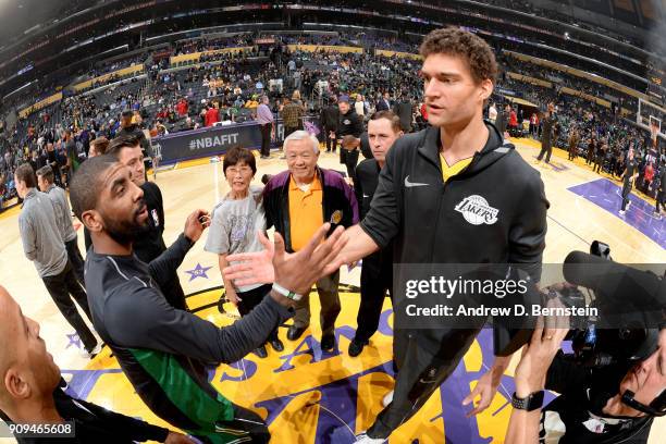 Kyrie Irving of the Boston Celtics and Brook Lopez of the Los Angeles Lakers exchange hand shakes before the game of the two teams on January 23,...