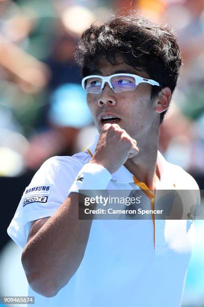 Hyeon Chung of South Korea celebrates winning a point in his quarter-final match against Tennys Sandgren of the United States on day 10 of the 2018...