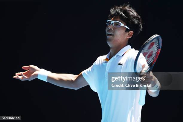 Hyeon Chung of South Korea celebrates winning the second set in his quarter-final match against Tennys Sandgren of the United States on day 10 of the...