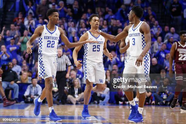 Shai Gilgeous-Alexander of the Kentucky Wildcats celebrates with Hamidou Diallo against the Mississippi State Bulldogs during the second half at Rupp...