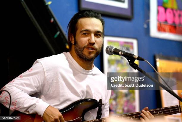 Musician Pete Wentz of the band Fall Out Boy performs a special acoustic set in support of Fall Out Boy's new album "Mania" at Amoeba Music on...