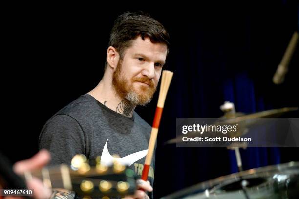 Drummer Andy Hurley of the band Fall Out Boy performs a special acoustic set in support of Fall Out Boy's new album "Mania" at Amoeba Music on...