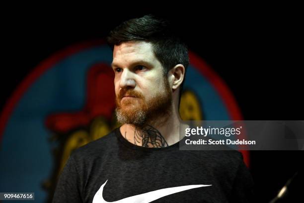 Drummer Andy Hurley of the band Fall Out Boy performs a special acoustic set in support of Fall Out Boy's new album "Mania" at Amoeba Music on...