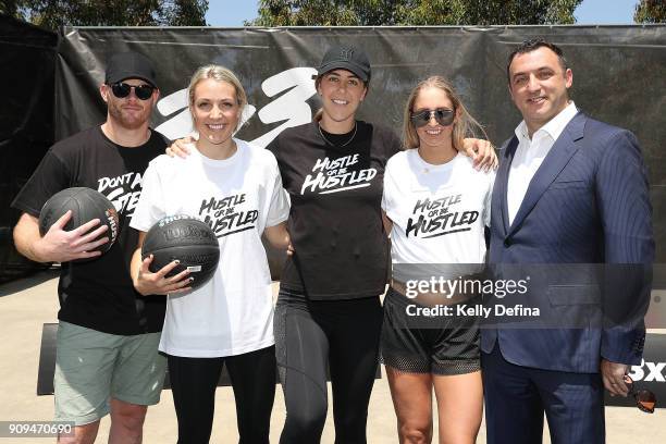 Adam Cooney, Madeline Garrick, Jenna O'Hea, Rebecca Cole and Jeremy Loeliger pose for a portrait during a NBL media opportunity at Federation Square...