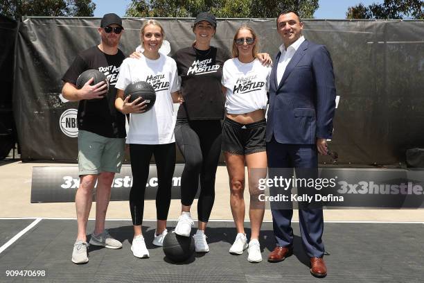 Adam Cooney, Madeline Garrick, Jenna O'Hea, Rebecca Cole and Jeremy Loeliger pose for a portrait during a NBL media opportunity at Federation Square...