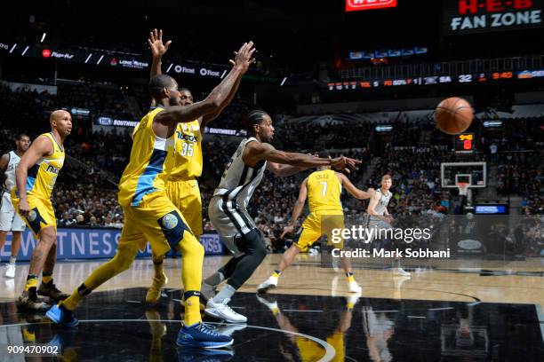 Kawhi Leonard of the San Antonio Spurs handles the ball during the game against the Denver Nuggets on January 13, 2018 at the AT&T Center in San...