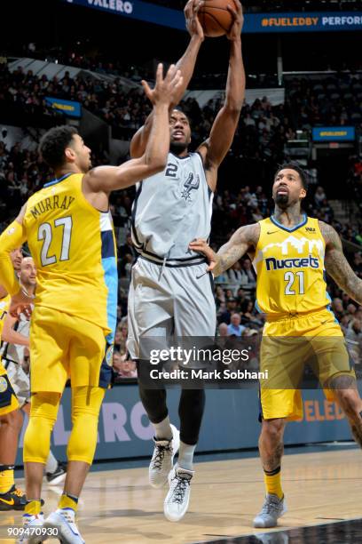 Kawhi Leonard of the San Antonio Spurs handles the ball against the Denver Nuggets on January 13, 2018 at the AT&T Center in San Antonio, Texas. NOTE...