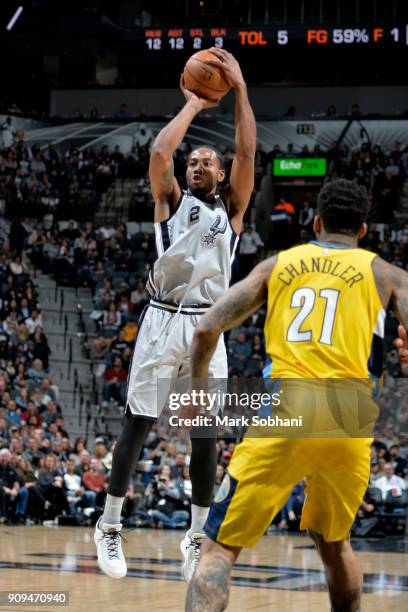 Kawhi Leonard of the San Antonio Spurs shoots the ball against the Denver Nuggets on January 13, 2018 at the AT&T Center in San Antonio, Texas. NOTE...