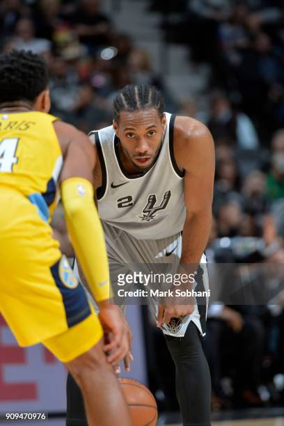 Kawhi Leonard of the San Antonio Spurs handles the ball against the Denver Nuggets on January 13, 2018 at the AT&T Center in San Antonio, Texas. NOTE...