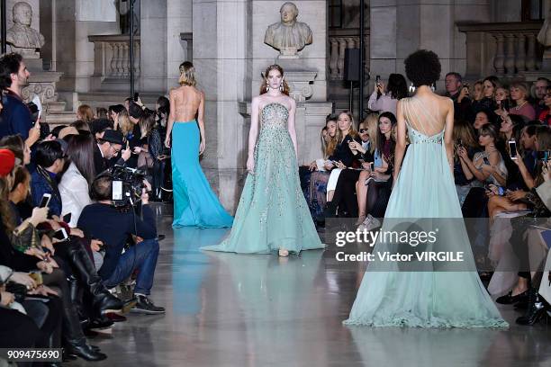 Model walks the runway during the Georges Hobeika Haute Couture Spring Summer 2018 show as part of Paris Fashion Week on January 22, 2018 in Paris,...