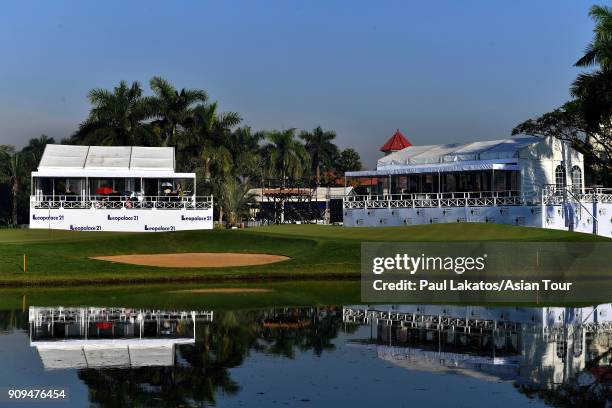 General view of the 18th green during the Pro am event ahead of the Leopalace21 Myanmar Open at Pun Hlaing Golf Club on January 24, 2018 in Yangon,...