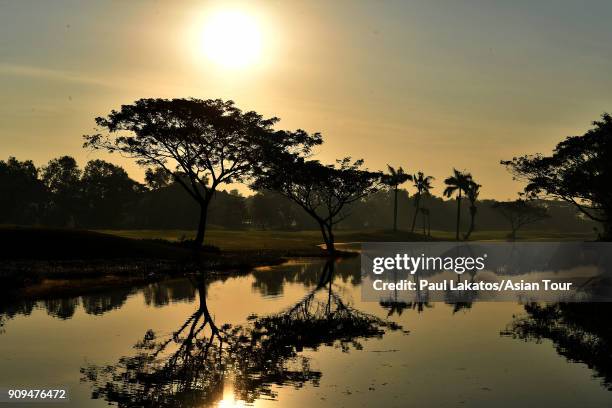 The sun rises along the 4th fairway during the Pro am event ahead of the Leopalace21 Myanmar Open at Pun Hlaing Golf Club on January 24, 2018 in...