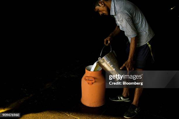 Worker pours a bucket of milk into a storage can at the Sri Krishna Gaushala on the outskirts of New Delhi, India, on Sunday, Jan. 21, 2018. The...