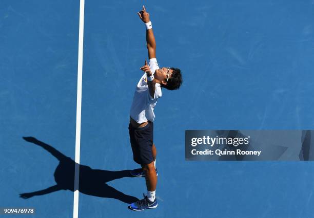 Hyeon Chung of South Korea celebrates winning his quarter-final match against Tennys Sandgren of the United States on day 10 of the 2018 Australian...