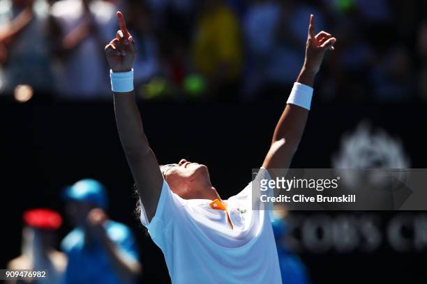 Hyeon Chung of South Korea celebrates winning his quarter-final match against Tennys Sandgren of the United States on day 10 of the 2018 Australian...