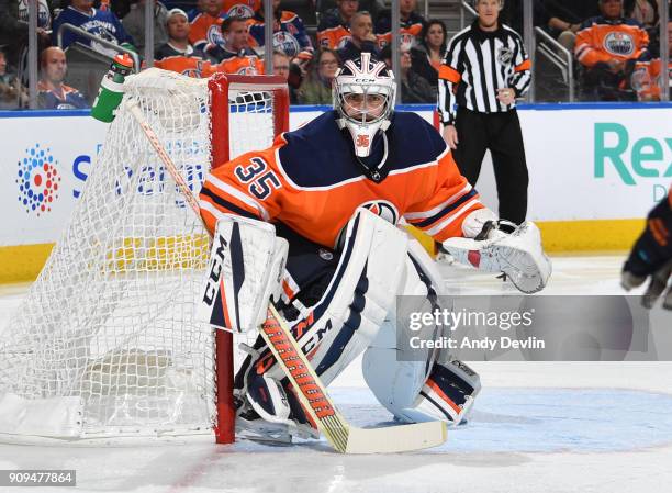 Al Montoya of the Edmonton Oilers prepares to make a save during the game against the Buffalo Sabres on January 23, 2017 at Rogers Place in Edmonton,...