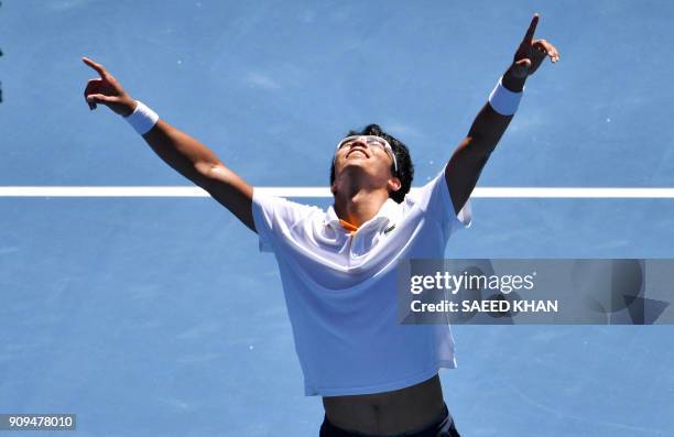 South Korea's Hyeon Chung celebrates beating Tennys Sandgren of the US in their men's singles quarter-finals match on day 10 of the Australian Open...
