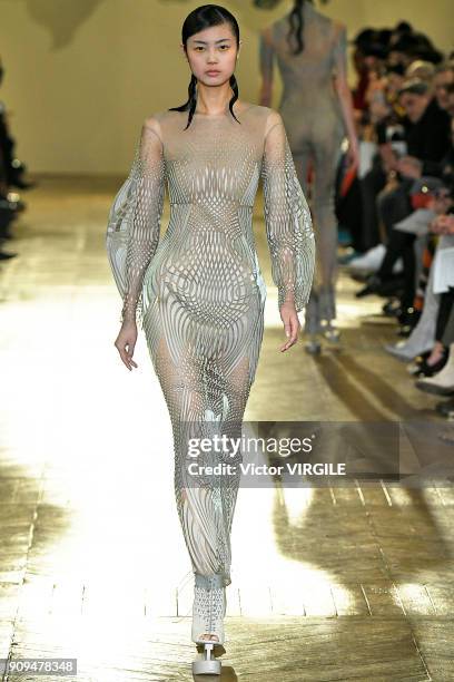 Model walks the runway during the Iris Van Herpen Haute Couture Spring Summer 2018 show as part of Paris Fashion Week on January 22, 2018 in Paris,...