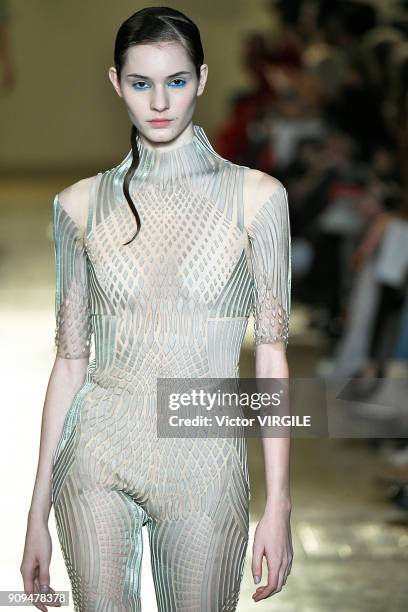 Model walks the runway during the Iris Van Herpen Haute Couture Spring Summer 2018 show as part of Paris Fashion Week on January 22, 2018 in Paris,...